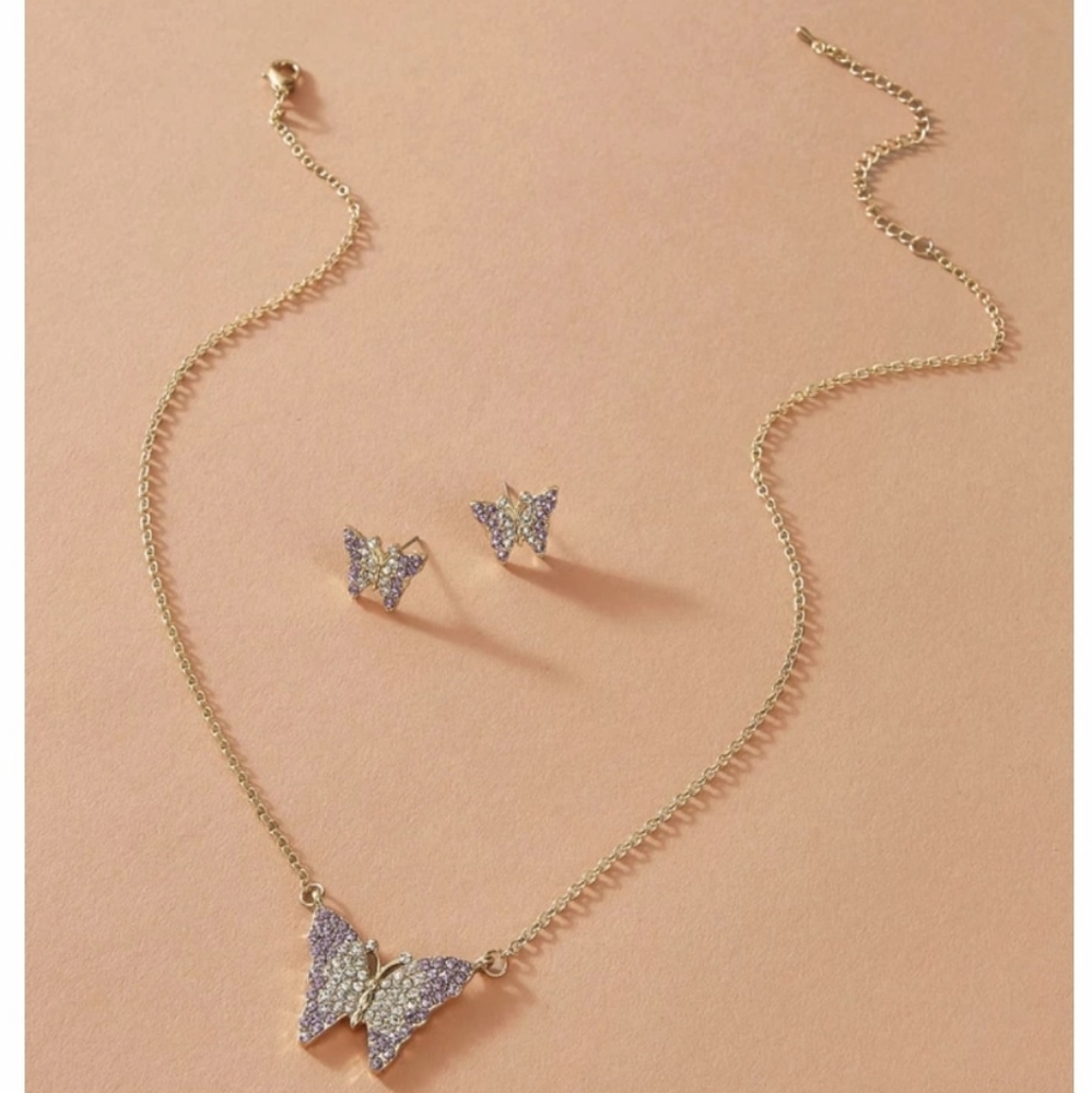 Rhinestone Butterfly Charm Necklace & Earrings